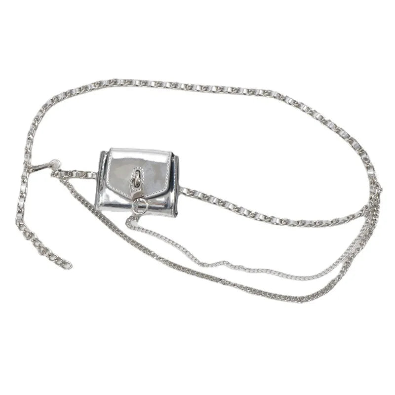 Double Chain PU Leather Waist Belt With Lipstick Bag Women