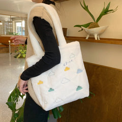 Faux Lamb Wool Women's Shoulder Bag Embroidery Cloud Female Plush Handbag