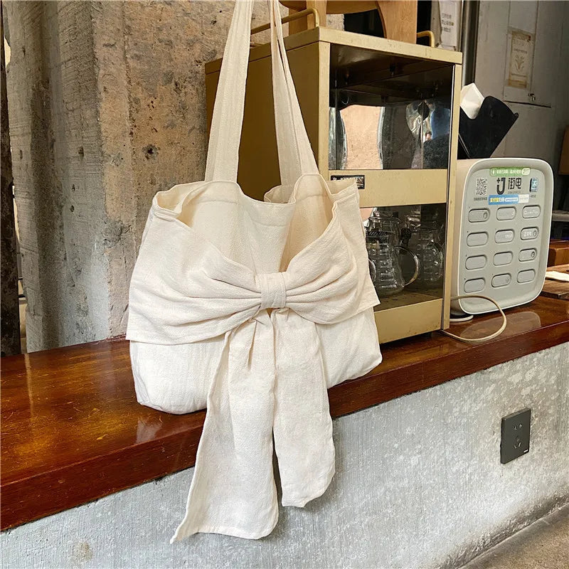Girly Bowknot Canvas Shoulder Bag Vintage Ladies Casual Tote Handbags