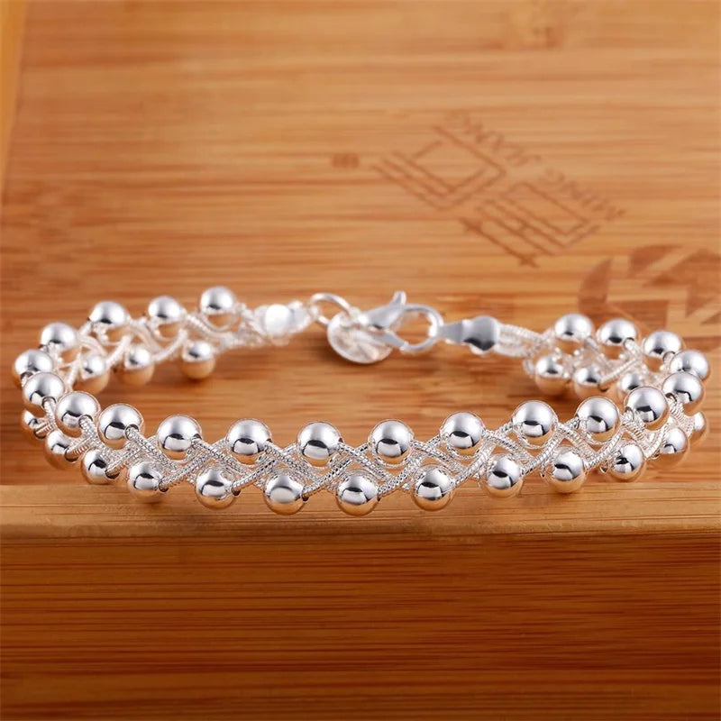 925 Silver Bracelet Women Party Gift Beaded Cross Chain Wedding Jewelry