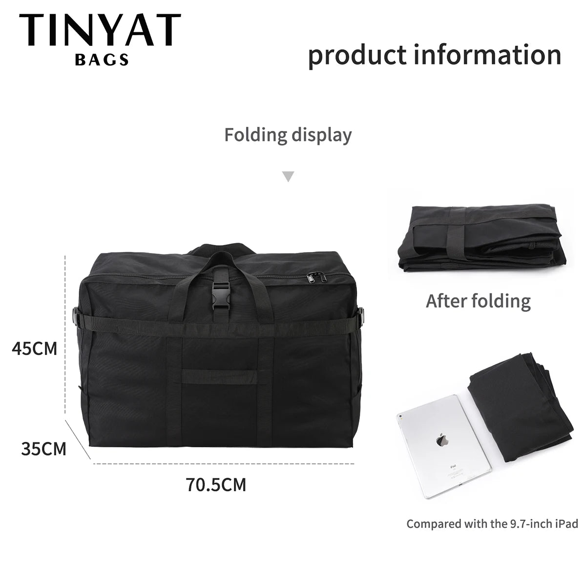TINYAT Folding Travel Bag Waterproof Large Capacity Tote for Weekend Man Handbag