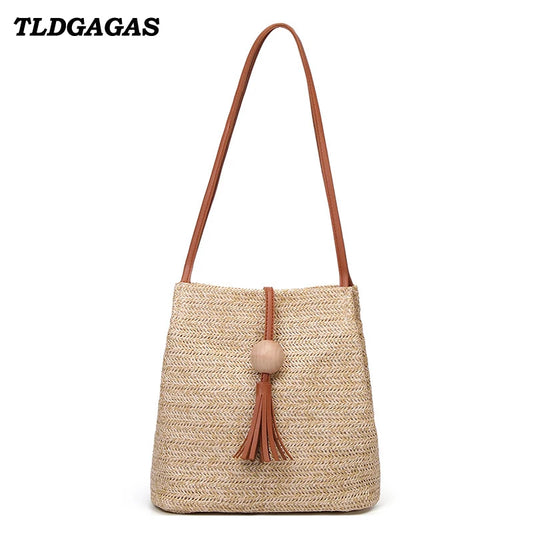 Women's Large Straw Handbag with Wooden Beads