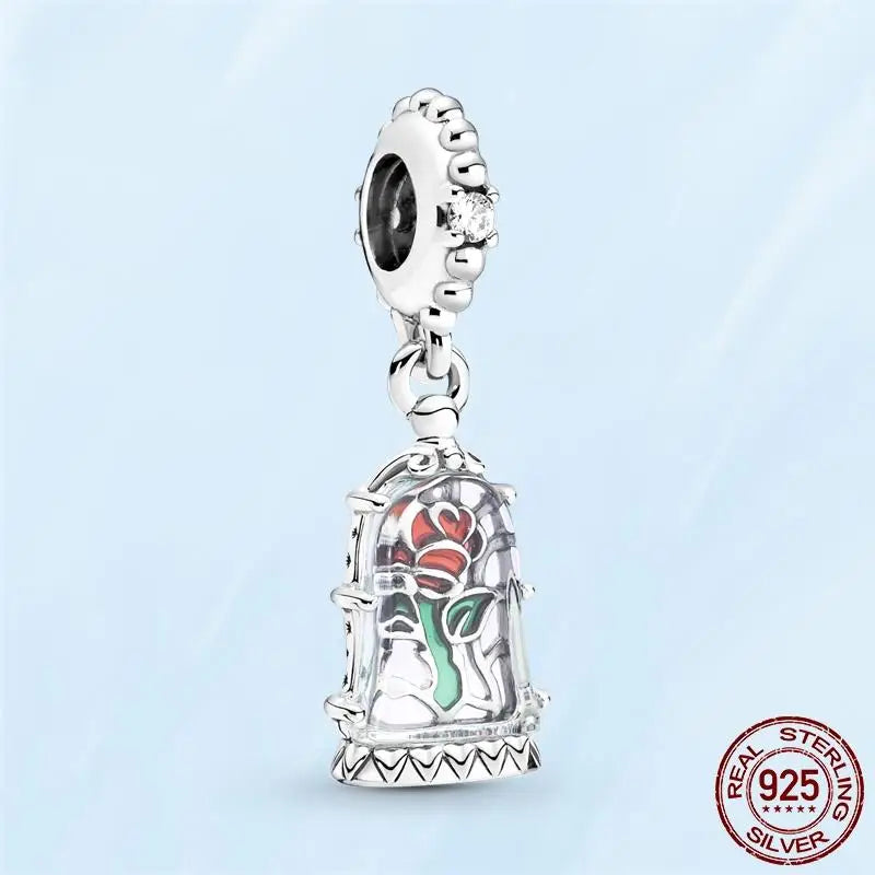 925 Silver Beauty Beast Rose Dangle Charm Bracelet DIY Jewelry