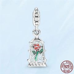 925 Silver Beauty Beast Rose Dangle Charm Bracelet DIY Jewelry