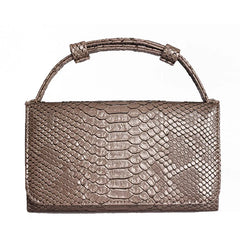 Cowhide Leather Clutch Crossbody Bag Snake Pattern Khaki Chain