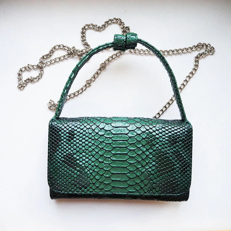 Green Cowhide Leather Clutch Shoulder Crossbody Bag Snake Pattern Handbag