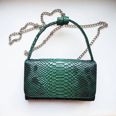 Green Cowhide Leather Clutch Shoulder Crossbody Bag Snake Pattern Handbag