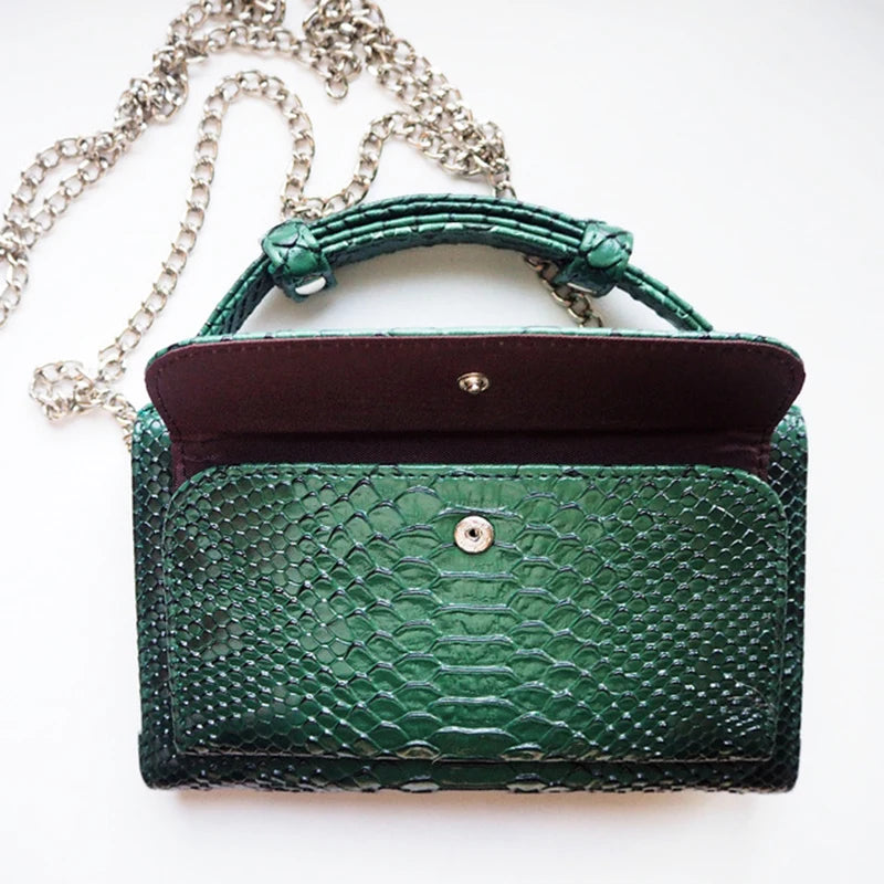 Green Cowhide Leather Clutch Shoulder Crossbody Bag Snake Pattern Handbag