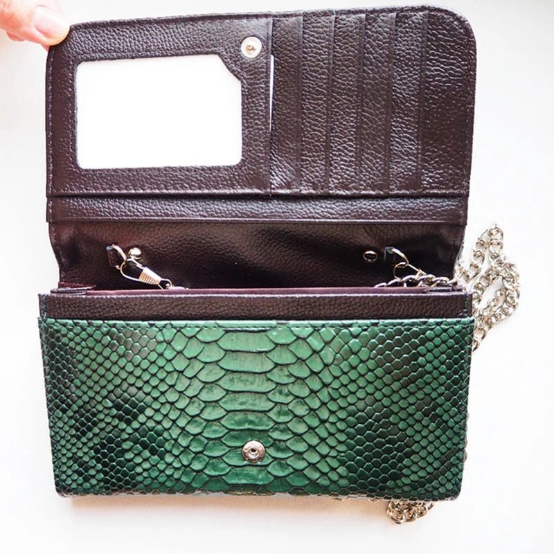 Green Cowhide Leather Clutch Shoulder Crossbody Bag Snake Pattern Handbag