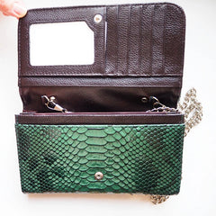 Green Cowhide Leather Clutch Shoulder Crossbody Bag Snake Pattern Handbag