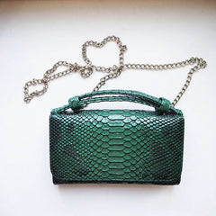 Green Cowhide Leather Clutch Shoulder Crossbody Bag Snake Pattern Handbag