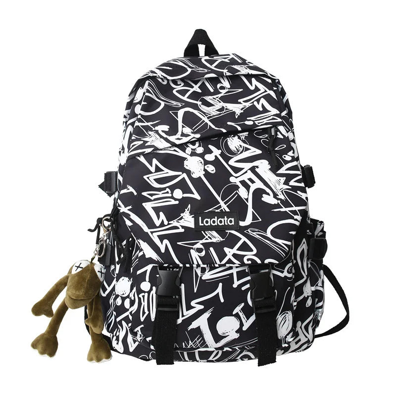 Nylon Camo Graffiti Backpack for Women, Students, Hip-hop, School