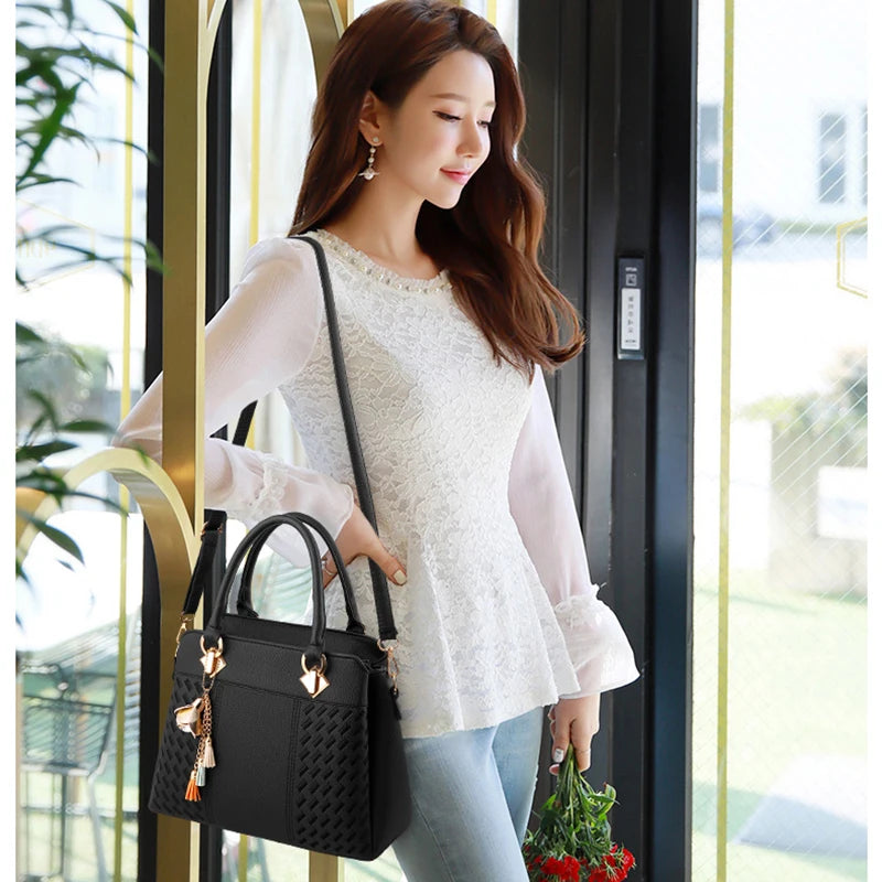 Embroidered Tassel Totes Women's Handbag PU Leather Square Shoulder Bag