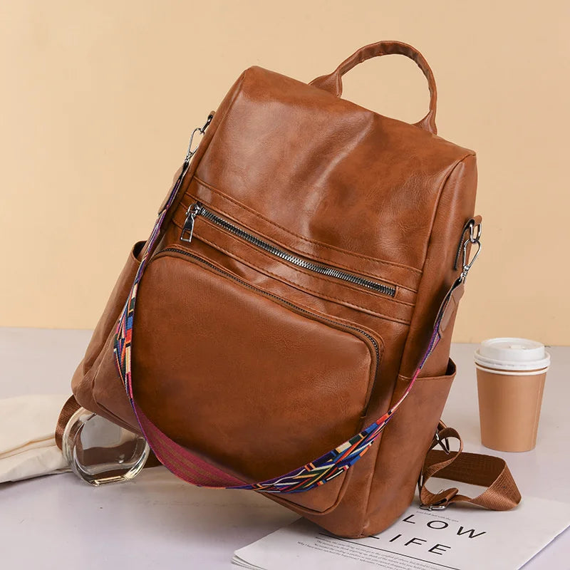 Anti-theft PU Leather Women Bags Waterproof Casual Red Travel Backpack