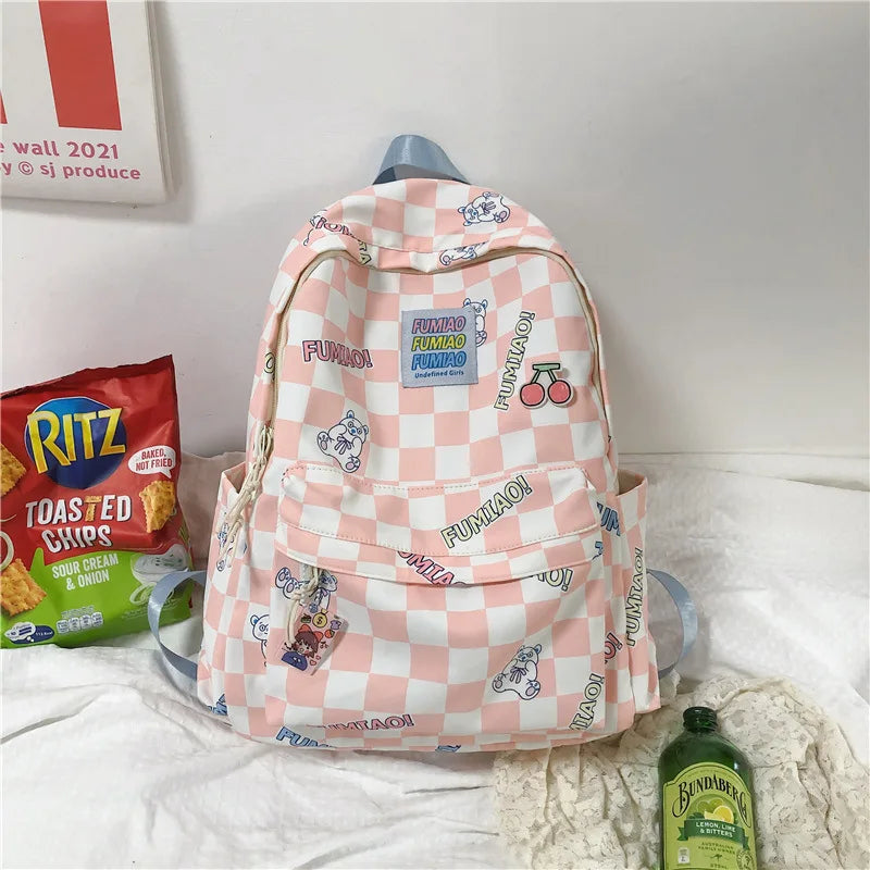Light Waterproof Plaid Backpack Women Nylon Bookbag for Collage Student Travel B