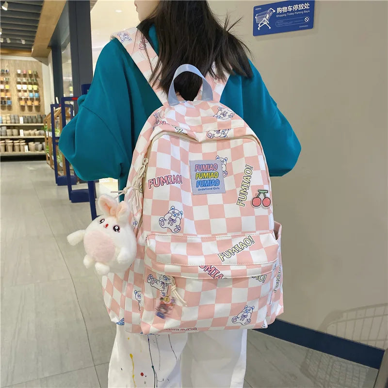 Light Waterproof Plaid Backpack Women Nylon Bookbag for Collage Student Travel B