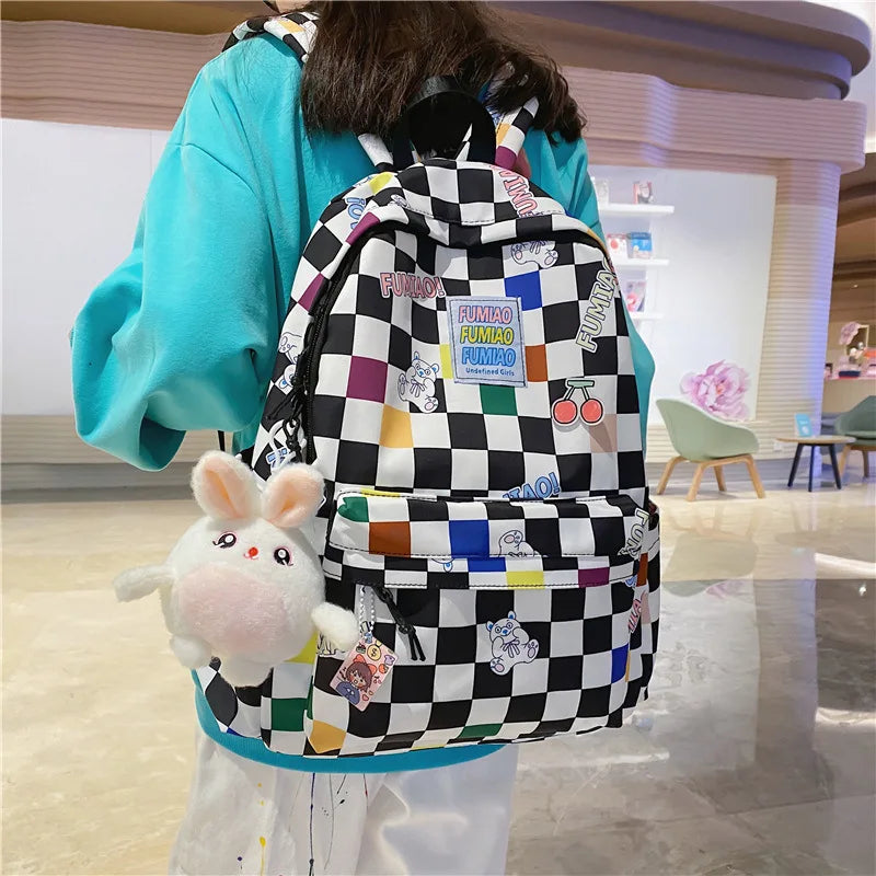 Light Waterproof Plaid Backpack Women Nylon Bookbag for Collage Student Travel B