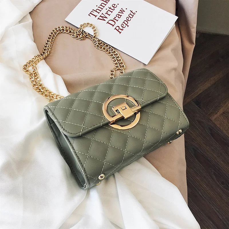 Women's Leather Crossbody Bag Metal Buckle Chain Handbag
