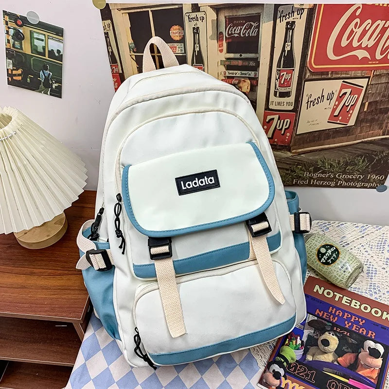 Preppy Women School Bag Panelled Nylon Backpacks Lady Middle School Students