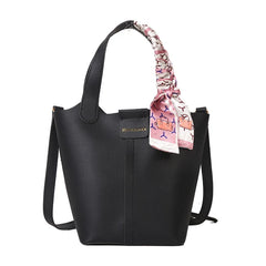 Women Leather Bucket Handbag Silk Scarf Crossbody Bag