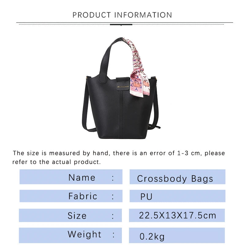 Women Leather Bucket Handbag Silk Scarf Crossbody Bag