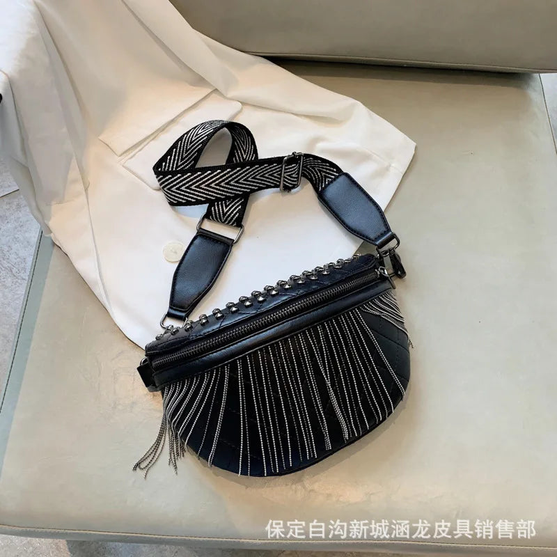 Tassel Chest Bag for Women Crossbody Waist Bag Rivet Texture Handbags