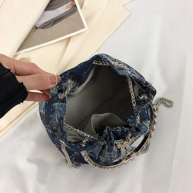 Denim Tassel Bucket Bag for Women