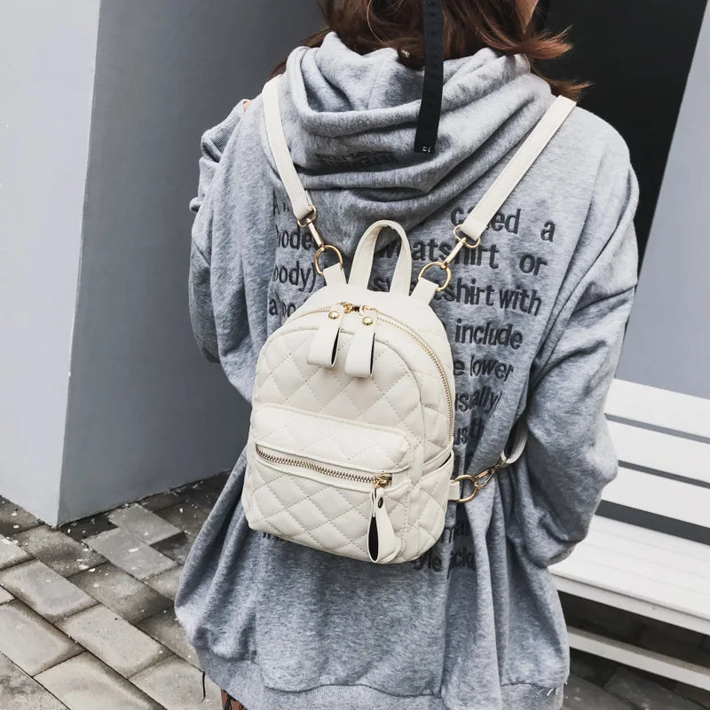 Girls Small Backpack Female Lingge Leather Backpack Purse Mini School Bags