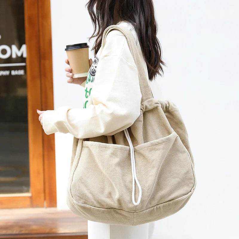 Teenager Winter Oversized Corduroy Soft Drawstring Pouch Bag