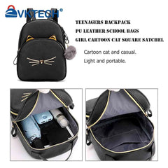Teen Girl Cat School Backpack PU Leather Square Satchel
