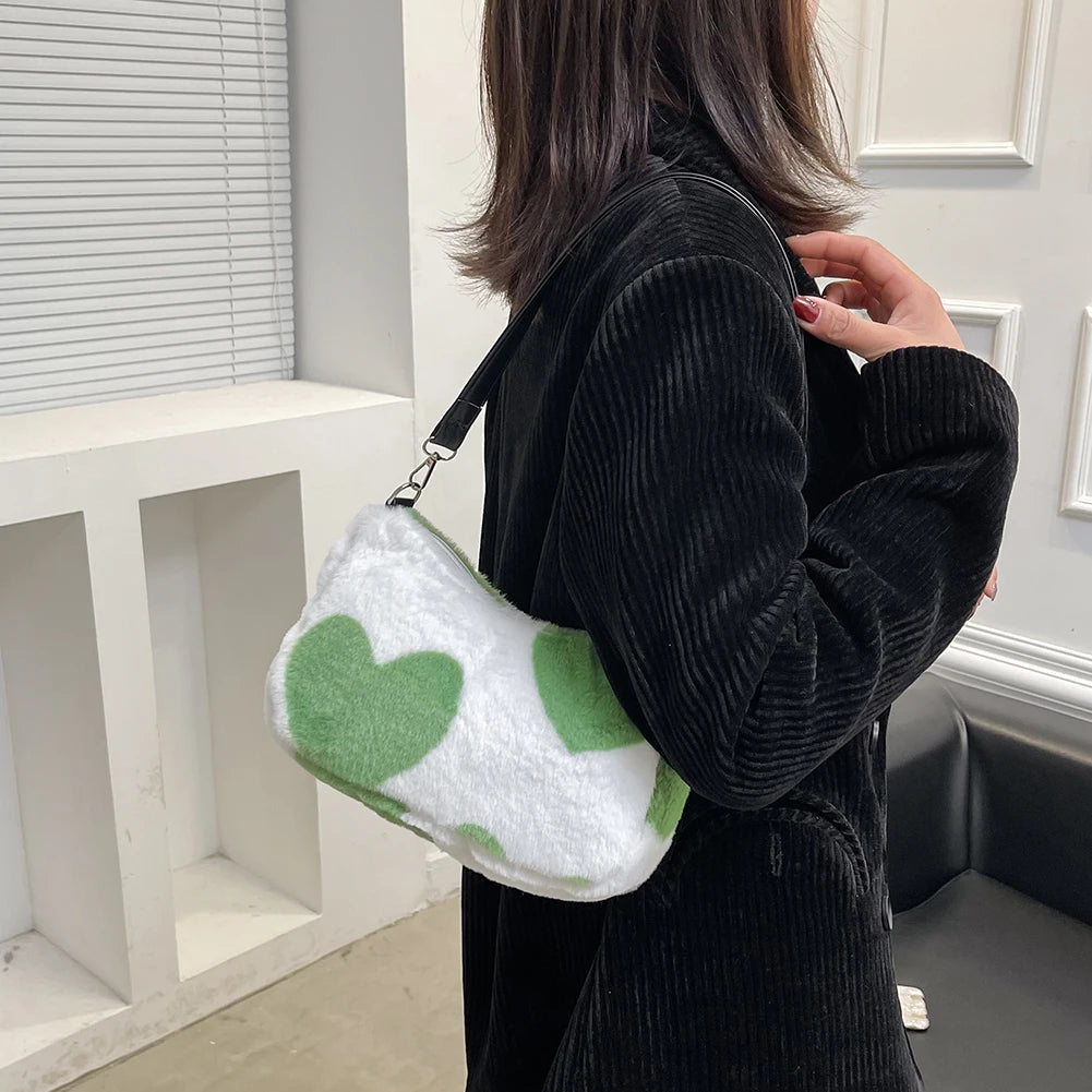Plush Love Heart Underarm Bag for Women