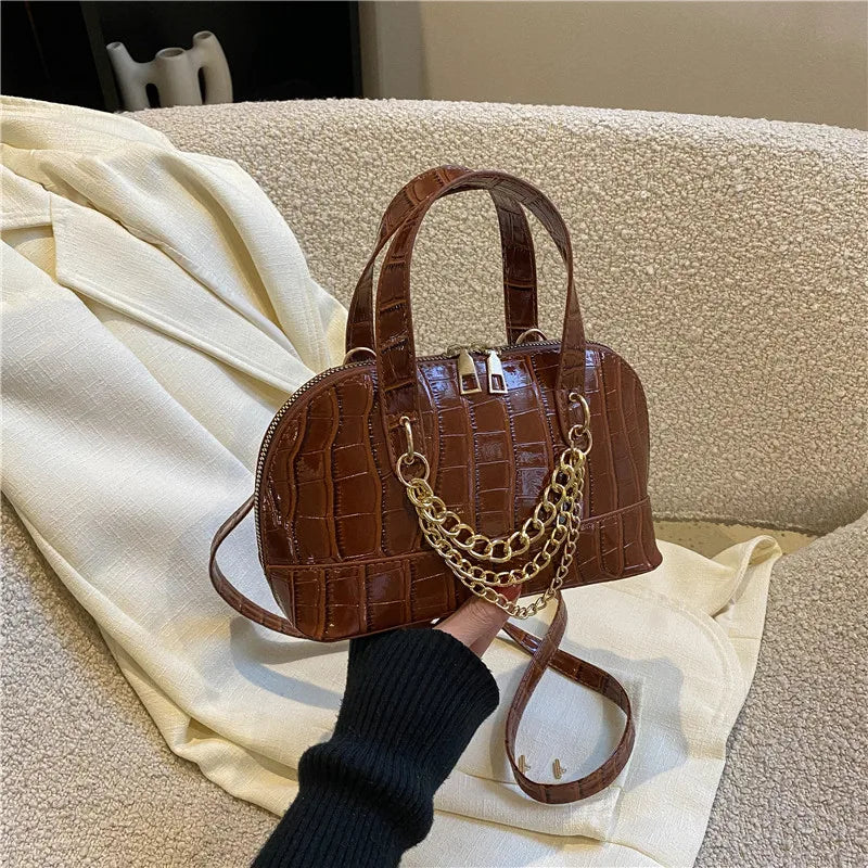 Textural Stone Pattern Shoulder Bag Vintage Chains Shell Handbag