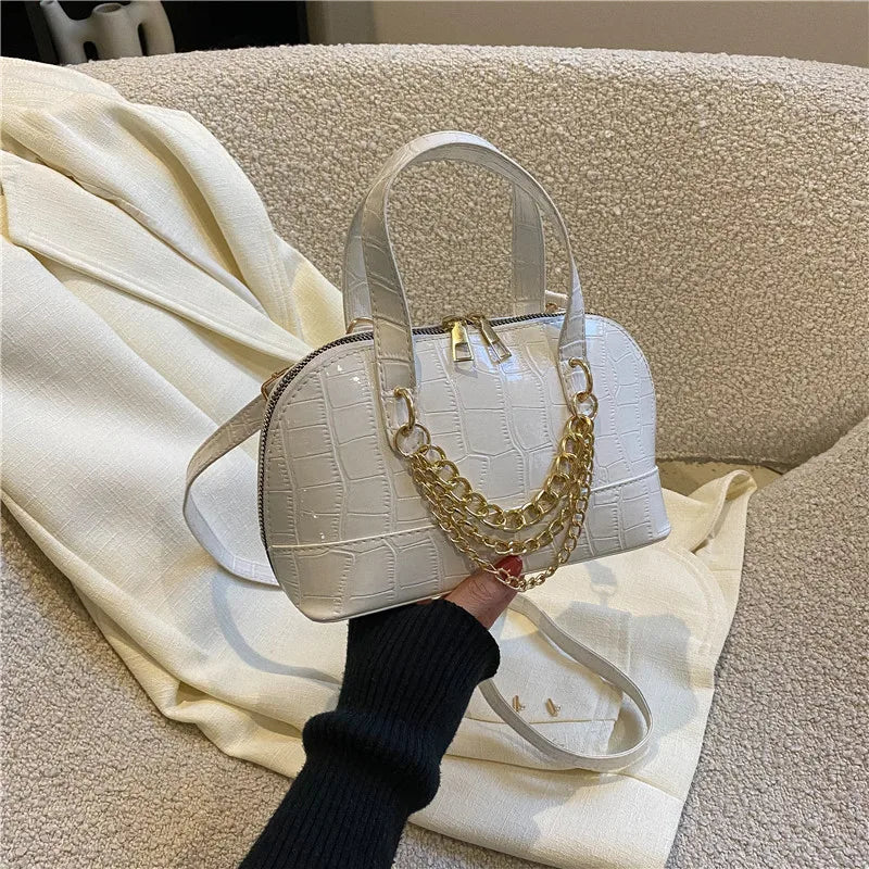 Textural Stone Pattern Shoulder Bag Vintage Chains Shell Handbag