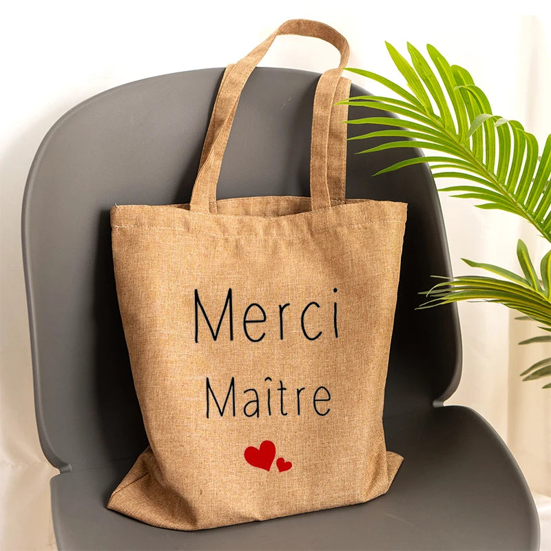 French Print Linen Shoulder Bag Handbag Storage Teacher Gift