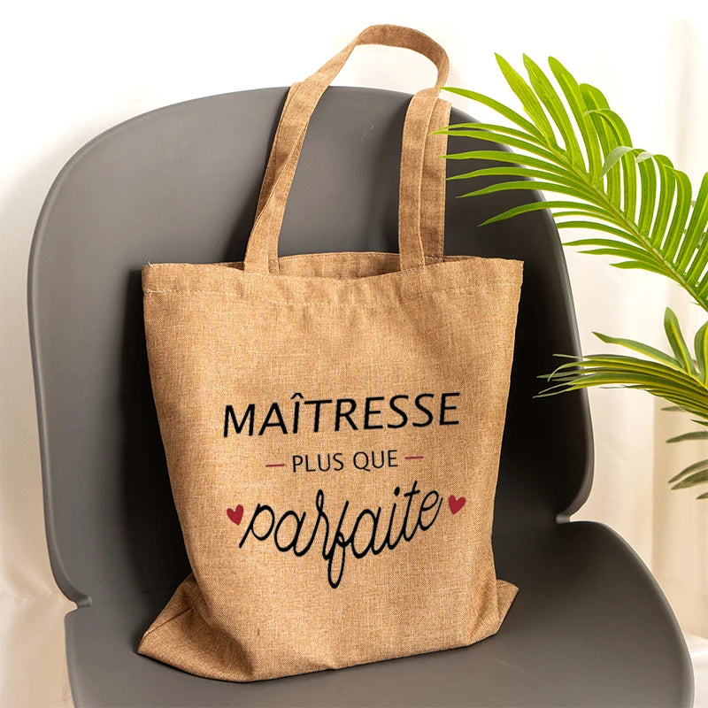 French Print Linen Shoulder Bag Handbag Storage Teacher Gift