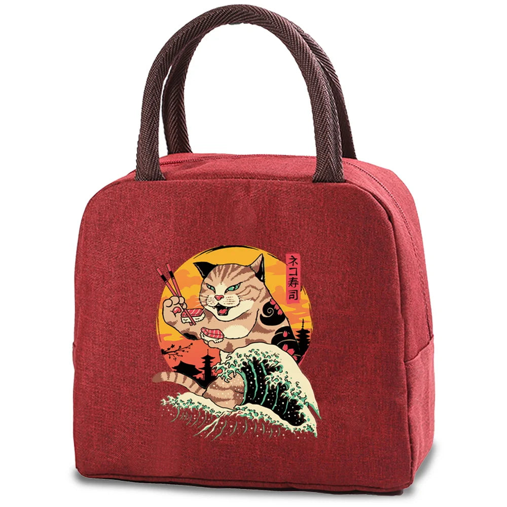 Japan Cat Print Insulated Cooler Bag Lunch Bento Box BBQ Ice Pack Food Tote