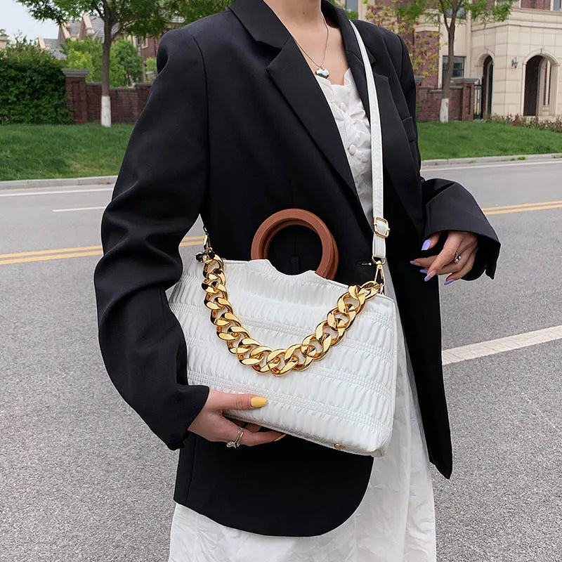Thick Chain Big PU Leather Shoulder Crossbody Bags With Round Wooden Handle