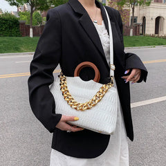 Thick Chain Big PU Leather Shoulder Crossbody Bags With Round Wooden Handle