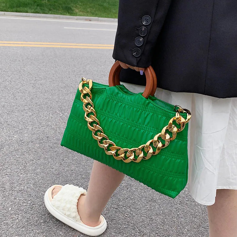 Thick Chain Big PU Leather Shoulder Crossbody Bags With Round Wooden Handle
