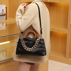 Thick Chain Big PU Leather Shoulder Crossbody Bags With Round Wooden Handle