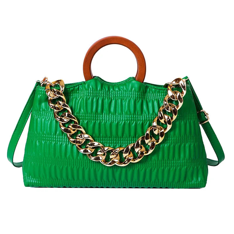 Thick Chain Big PU Leather Shoulder Crossbody Bags With Round Wooden Handle