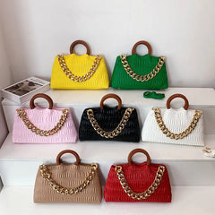 Thick Chain Big PU Leather Shoulder Crossbody Bags With Round Wooden Handle