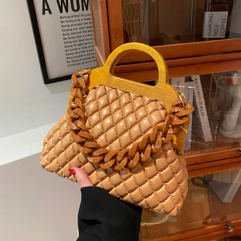 Padded Shoulder Crossbody Bag with Wooden Handle - Women Handbags