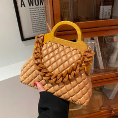 Padded Shoulder Crossbody Bag with Wooden Handle - Women Handbags