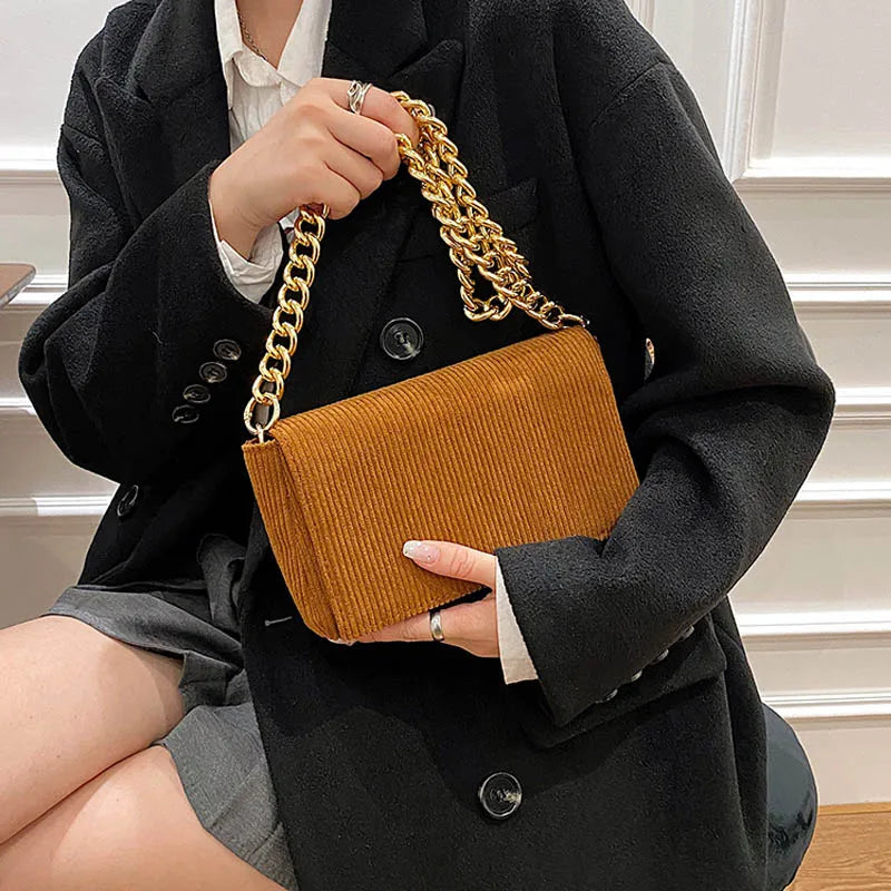 Corduroy Chain Shoulder Bag for Women Small Handbag Square Pouch