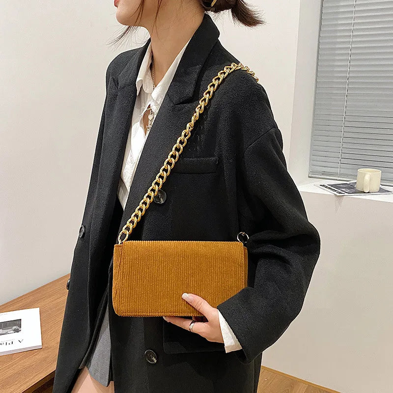Corduroy Chain Shoulder Bag for Women Small Handbag Square Pouch
