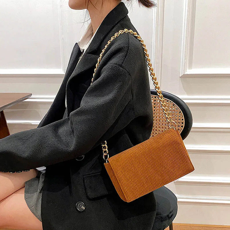 Corduroy Chain Shoulder Bag for Women Small Handbag Square Pouch