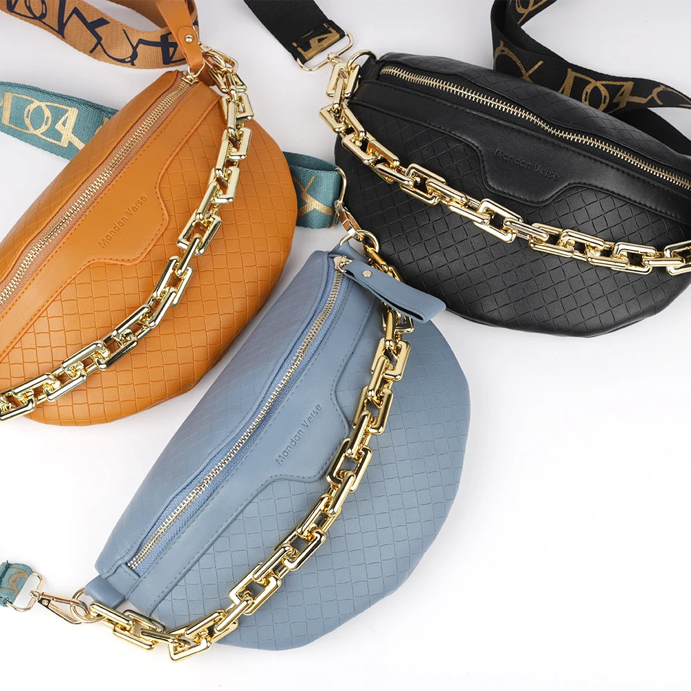 Chain Women Fanny Pack Leather Waist Bag Shoulder Crossbody Chest Bags