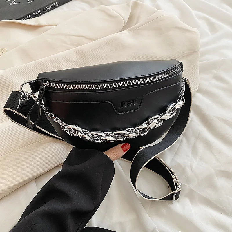 Thick Chain Leather Fanny Pack Waist Bag Shoulder Crossbody Bag