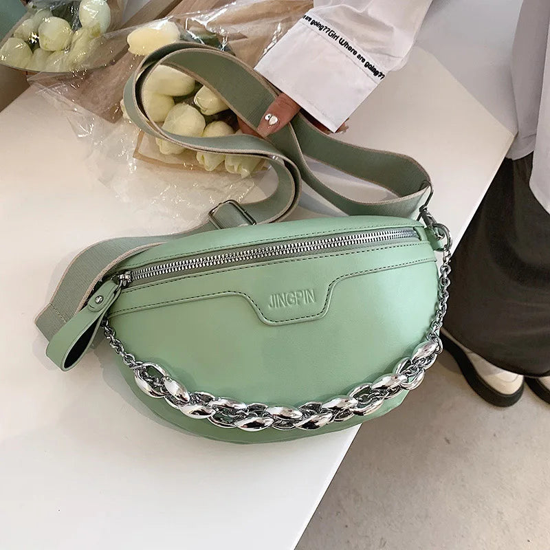 Thick Chain Leather Fanny Pack Waist Bag Shoulder Crossbody Bag